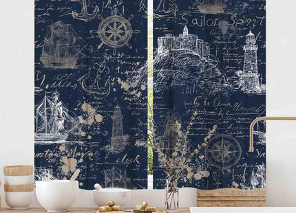 Vintage Nautical Curtains, Marine Coastal Sailboat Compass Anchor Ocean Beach Old Pirate Map Navy Blue Blackout Retro Drapes for Bedroom Living Room Kitchen Bathroom Window 2 Panels, 42"x45" Inch