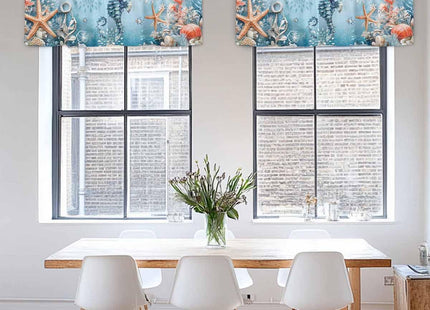 RisQiten Blue Coastal Seahorse Valances for Windows, Summer Beach Kitchen Curtains Window Treatment, Nautical Starfish Botanical Rod Pocket Short Window Valances for Living Room/Bedroom, 42" x 12"