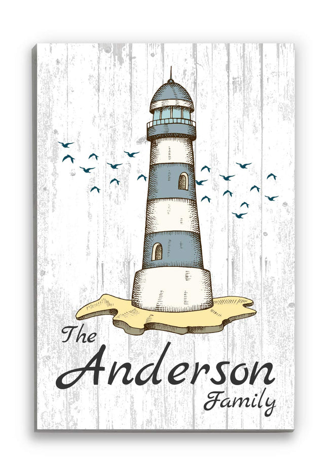 Custom Beach House Sign - Lighthouse Home Decor - Coastal Theme Name Decoration - SOLID WOOD - 16.5 in x 10.5in (Lighthouse - Slate Blue)