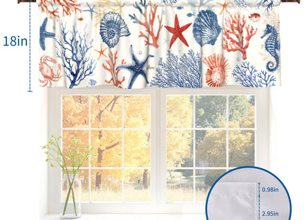 Coastal Kitchen Valance, Blue Ocean Coral Starfish Seashell Short Curtains for Windows, Nautical Sea Beach Summer Decoration Cafe Curtain, Thermal Insulated Room Darkening Short Curtain 54x18 Inch