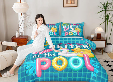 Castle Fairy Summer Cool Comforter Set,Swimming Pool Bedding Set for Kids Girls Women,Adults Beach Vacation Comforter,Flip-Flops Quilted Duvet Set Bedroom Collection Twin Size 2Pcs