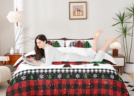 Christmas Snowflake Kids Duvet Cover Set Twin Size,Plaids Leopard Pine Tree Bedding Set,Girls Boys Adults Room/Xmas Cabin Decor,Holiday Rustic Comforter Cover,Red Black Quilt Cover,2pcs,1 pillowcase