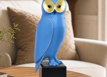 Lodkksg Blue Resin Owl Statue – Mid-Century Modern Owl Sculpture – Retro Owl Art Piece – Freestanding Modern Abstract Home Decor for Living Room, Bookshelf, and Mantel – 15.7-Inch Resin Owl Sculpture