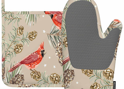 Mxocom Red Cardinal Birds Silicone Oven Mitts and Pot Holders Sets Fir Pine Twigs Cedar Cones Winter Xmas BBQ Gloves for Kitchen,Cooking,Baking,Grilling