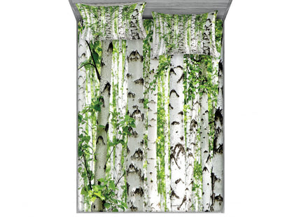 Ambesonne Woodland Fitted Sheet & Pillow Sham Set, Birch Trees in The Forest Summertime Wildlife Nature Outdoors Themed Picture, Decorative Printed 6 Piece Bedding Decor Set, Queen, White Grey Green
