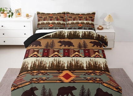 Feelyou Boho Comforter Set Toddler Size Bear Comforter for Boys Girls Teens Rustic Bedding Set Cabin Duvet Set Room Decor Olive Brown Quilt Set
