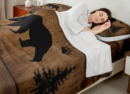 Manfei Rustic Bear Sheet Set Twin Size, Wildlife Hunting Theme Bed Sheet Set 3pcs with Deep Pocket Fitted Sheet + Flat Sheet + 1 Pillowcase, Wooden Board Bedding Set for Kids Boys Teens Room Decor