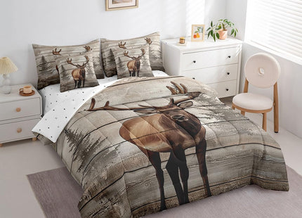 Erosebridal 7 Pcs Moose Bedding Set Queen Western Cabin Lodge Comforter Set Country Woodland Wildlife Bed in a Bag Farmhouse Jungle Pine Tree Quilt with Flat Fitted Sheet Rustic Style Home Decor