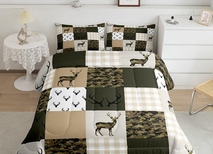 Homewish Camouflage Comforter Set Full Size Woodland Camo Quilt Set Green and Beige Plaid Print Bedding Set 3pcs for Kids Boys Teens Room Decor, Animal Deer Antlers Duvet Insert with 2 Pillowcases
