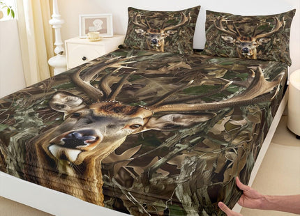 Camo Deer Kids Sheet Queen Size,Dead Branches Wild Animals Hunting Bedding Set,Boys Girls Adults Room Decor,Rustic Farmhouse Camouflage Brown Retro Bed Sheet Set 4pcs(Fitted + Flat + 2 Pillowcases)