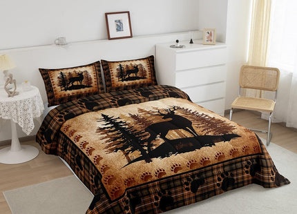 Castle Fairy Deer Bear Plaid Comforter Set Twin Size,Animal Hunting Bear Print Bedding Set for Kids Boys Men,Pine Trees Rustic Retro Grid Quilted Duvet Set with 1 Pillowcase