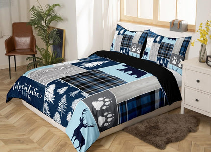 Hunting Bear Deer Comforter Cover, Buffalo Plaid Duvet Cover Twin Size Rustic Cabin Patchwork Bedding Set For Kids Boys Teens Adult, Farmhouse Cowboy Woodland Bed Set With 1 Pillow Case, Blue Grey