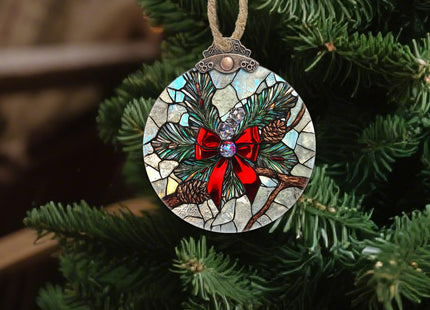 Christmas Pinecone Bow Stained Glass Window Hanging Suncatcher Gifts 3.2"