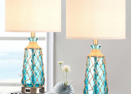Ruzectt 25.5" Coastal Glass Table Lamps Set of 2, 3-Way Dimmable Touch Control Bedside Lamps with 2 USB Ports and AC Outlet, Blue Nautical Nightstand Lamps for Bedroom Living Room (LED Bulbs Included)