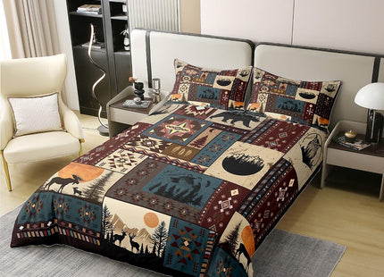 100% Cotton Bohemian Deer Comforter Cover Queen, Bear Wildlife Hunting Theme Duvet Cover, Cabin Decor Buffalo Plaid Grid Bedding Set for Kids Teens, Retro Xmas Pine Tree Geometric Quilt Cover, 3Pcs