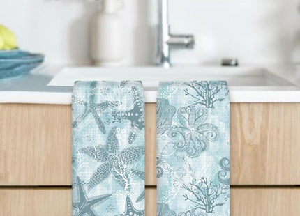 OINDADE Coastal Starfish Octopus Kitchen Hand Towels Set of 2, Blue Ocean Animal Hand Towels, Nautical Animal Decorative Dish Tea Towel for Kitchen, Coastal Coral Beach Bathroom Decor, 16x24In