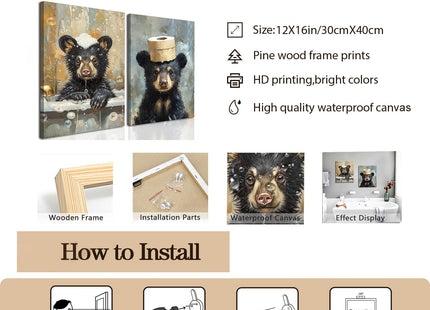 Bear Bathroom Wall Art Set of 2 Funny Animal Pictures Wall Decor Canvas Black Bear Decor Prints Cute Humorous Paintings for Bathroom Restroom Home Decoration 12×16 inch Framed