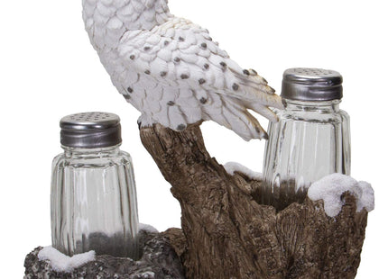 Pacific Giftware Snowy Owl Perching On Tree Branch Spiritual Realistic Decorative Glass Salt and Pepper Shakers Set with Resin Holder