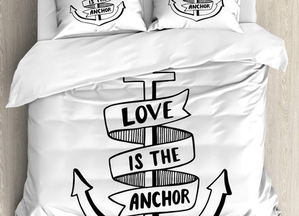 Ambesonne Anchor Duvet Cover Set, Hand Drawn Monochrome Nautical Motifs Love is Words and Heart, Decorative 3 Piece Bedding Set with 2 Pillow Shams, King Size, White Black