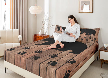 Black Bear Sheet Set Queen,Rustic Brown Farmhouse Wooden Board Bed Sheets Woodland Animal Bedding Sheets For Kids Boys Teens Men,Bear Paws Fitted Sheet + Countryside Flat Sheet + 2 Pillow Cases