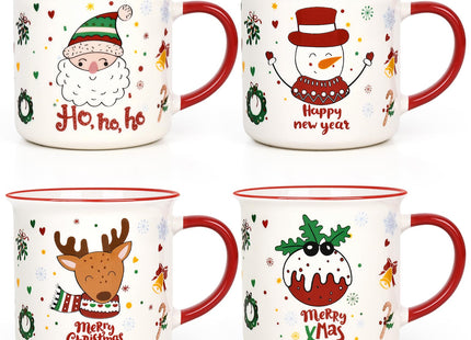 YHRJWN Christmas Mugs Set of 4, Festive Design Coffee Mugs with Santa Snowman Reindeer, Holiday Mugs for Hot Cocoa, Gifts for Family Friends, Holiday Decor, 13 Oz
