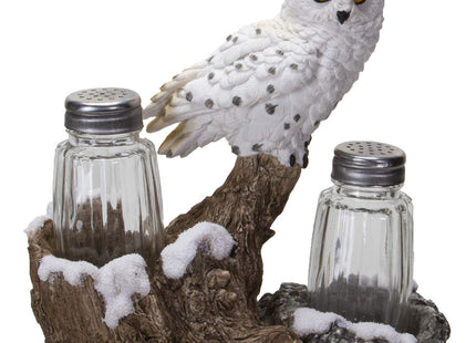 Pacific Giftware Snowy Owl Perching On Tree Branch Spiritual Realistic Decorative Glass Salt and Pepper Shakers Set with Resin Holder