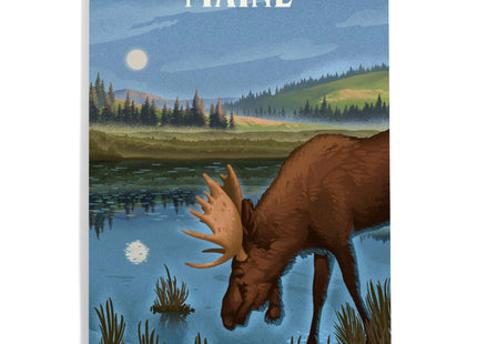 Lantern Press Maine, Lithograph, Reflection Pond and Bull Moose, 12x18 Inch Aluminum Sign, Indoor or Outdoor Use