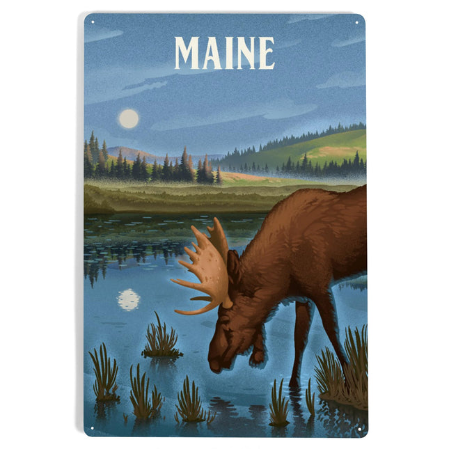 Lantern Press Maine, Lithograph, Reflection Pond and Bull Moose, 12x18 Inch Aluminum Sign, Indoor or Outdoor Use