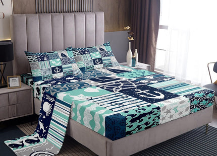 Ocean Nautical Sheet Sets Twin Size,Navy Blue Patchwork Plaid Stripes Bedding Set for Kids Teens Boys Bedroom Decor Anchor Rudder Print Bed Sheet Whale Octopus Sealife Fitted + Flat Sheet 3pcs