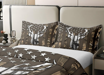 American Flag Stars Stripes Duvet Cover Set 100% Natural Cotton,Camo Hunting Deer Animal Camping Comforter Cover Set Twin with 1 Pillowcase,Brown Camo Grey Antlers Leaves Bedding Comforter Cover