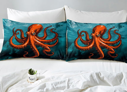 Octopus Ocean Bed Sheet Set 4 Piece,Red Marine Life Mystery Undersea World Blue,Quality Brushed Microfiber Bedding Set with Flat,Fitted Sheet,2 Pillow Cases,Full