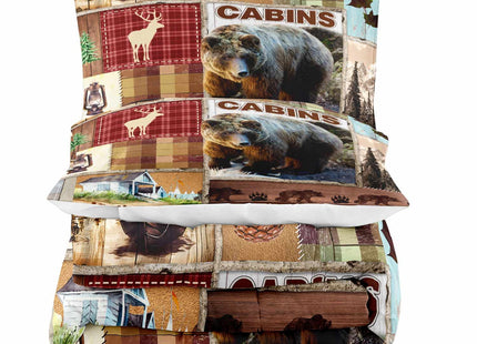 LUVIVIHOME 3PCS Rustic Cabin Comforter Set Queen Size, Bear Bedding Sets, Elk Deer Forest Woodland Animals Wildlife Hunting Country Farmhouse Red Buffalo Plaid Lodge Patchwork Quilt, 2 Pillow Shams