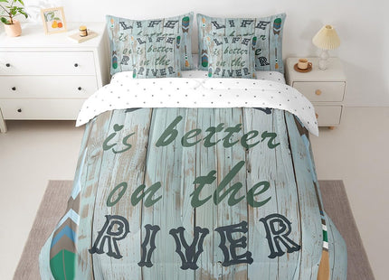 Castle Fairy Lake Life Kids Comforter Set 7 Piece Queen Size,Life is Better On The River Theme Reversible Quilt Set,Paddle Print Rustic Wooden Board Bedding Set with Comforter,Sheet,Pillowcase