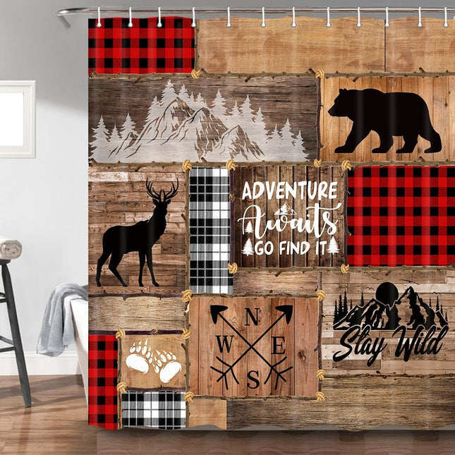 Torich Cabin Bear Shower Curtain, Country Wildlife Deer Forest Decor Bathroom Curtains, Hunting Woodland Farmhouse Fabric Accessories Set Curtains with Hooks, 36X72in