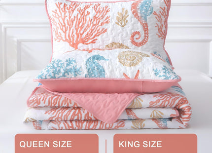 Heymybed Coastal Quilt Set Queen Size, 3 Pieces Pink Bedspread Coverlet with 2 Pillow Shams, Soft Microfiber Reversible Summer Beach Quilt Bedding Set for All Season 96"×90"