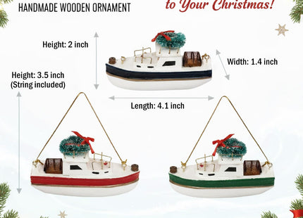 NAUTIMALL Christmas Hanging Lobster Boat Ornaments, 4 Inch Wooden Nautical Ship Decorations, White and Red/Green/Navy, Set of 3, Sailboat Decor