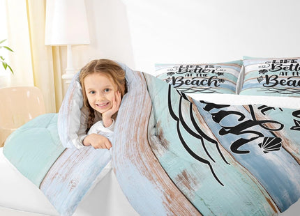 Summer Beach Comforter Set Twin Size,Starfish Shell Hawaiian View Bedding Set 2pcs for Kids Boys Girls Adults,Old Wooden Plank Rustic Farmhouse Down Comforter,Teal Retro Duvet Insert,1 Pillowcase