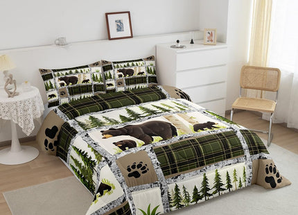 Feelyou Kids Adult Rustic Cabin Comforter Set,Rustic Bear Bedding Set Queen Size,Forest Wild Animals Comforter,Farmhouse Patchwork White Green Plaid Lodge Bed Set