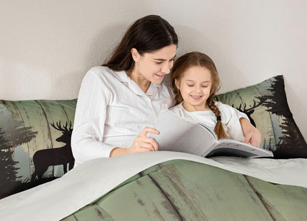 Castle Fairy Deer Hunting Comforter Set King Size,Rustic Farmhouse Wooden Bedding Set 3pcs for Kids Teens Adults Room Decor,Pine Botanical Animals Silhouette Quilted Duvet Retro Brown Bedspread