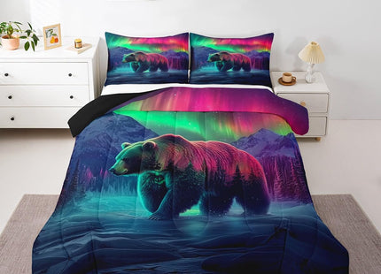Erosebridal Aurora Bear Toddler Bedding Set,Mountain Snow Scene Comforter Set for Kids,Northern Lights Quilt Bed Set Cabin Pine Tree Bed Comforter Sets with 1 Pillowcase Room Decor