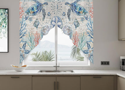 Ocean Sea Turtles Nautical Swag Valances for Windows Rod Pocket Kitchen Window Curtains Over Sink, Rustic Wood Beach Kitchen Curtains Sets, Swag Curtains Valance for Living Room, 28"x36" Set of 2