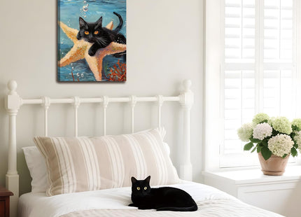 Framed Black Cat Ocean Wall Art, Cute Cat Holding Starfish Canvas Print, Funny Animal Lovers Sea Life Painting Picture for Bathroom Bedroom Kids Room Home Decor 12x16 Inch