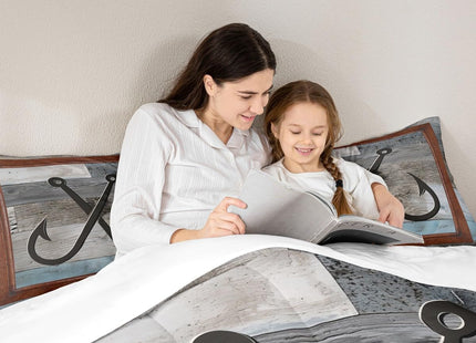 Fish Hook Anchor Kids Comforter Set Queen Size,Lake House Cabin Nautical Bedding Set,Girls Boys Adults Room Decor,Wooden Board Stripes Down Comforter,Rustic Farmhouse Duvet Insert,2 Pillowcases
