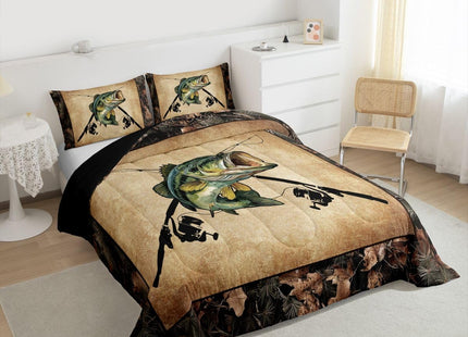Erosebridal Camo Fishing Full Comforter Set Bass Fish Fishing Rod Bedding Set Rustic Pike Fish Comforter for Boys Adults Men,Fisherman Quilt Duvet