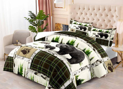 LUVIVIHOME 2PCS Rustic Cabin Bedding, Black Bear Comforter Set Twin Size, Country Lodge Farmhouse Forest Animal Wildlife Hunting Log Cabin Bedroom Decor, Green Plaid Patchwork Quilt, 1 Pillow Sham