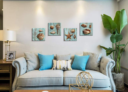 Blue Shells Wall Art Home Decor for Bathroom Shell Conch Framed Canvas Prints Sea Ocean Paintings Pictures Marine Life Coral Starfish Modern Large Artwork Living Room Home Decoration Set 4 Pcs 16x16