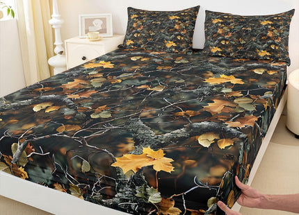 Castle Fairy Natural Bed Sheets 4 Pcs Full Size for Room Decor Forest Woods Deep Pocket,1 Fitted Sheet 1 Flat Sheet 2 Pillowcases,Nature Camo Tree Leaves Bedding Set,Green