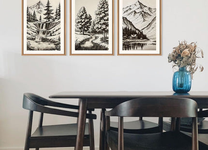 Vintage Sketch Pine Tree Mountain Framed Canvas Wall Art Set- 16"x24"x3