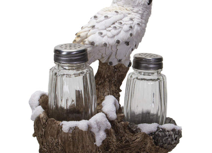 Pacific Giftware Snowy Owl Perching On Tree Branch Spiritual Realistic Decorative Glass Salt and Pepper Shakers Set with Resin Holder