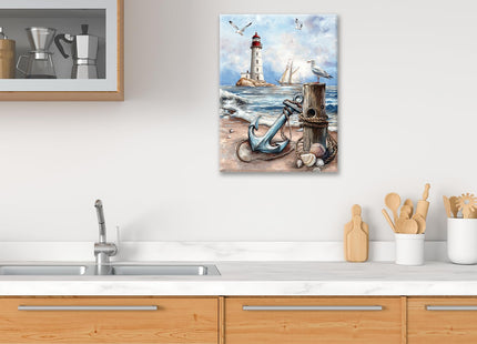 Nautical Wall Art Beach Lighthouse Anchor Pictures Wall Decor Coastal Canvas Prints Framed Paintings Artwork For Bathroom Kitchen Bedroom Dinning Room Living Room Office 12"x16"